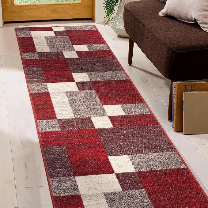 Rugshop Geometric Boxes Non-Slip Modern Living Room Area Rug Red 2' x 7'2" | Non-Shedding, Rectangular, Size 2' x 7'2", Bedroom, Dining Room, Home Office, Kitchen, Entryway, Hallway, Nursery, Kids Room