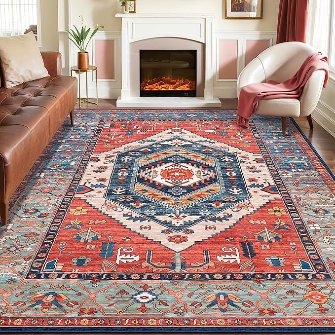 SERISSA 8x10 Washable Non Slip Boho Area Rug for Living Room，Rust | Ultra Soft Vintage Oriental Carpet Low-Pile Distressed Tribal Throw Carpet for Dining Room Bedroom Dorm Office Home Decor