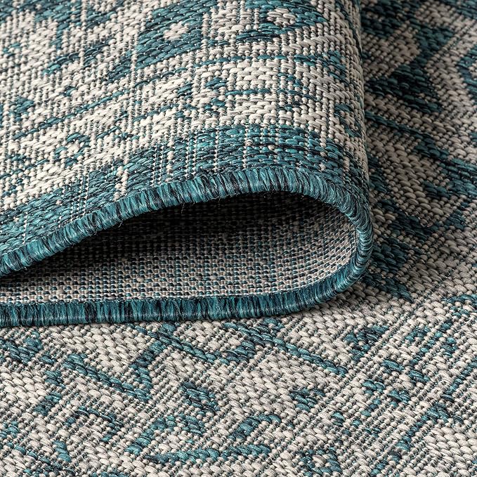 JONATHAN Y Medallion Weave Indoor Outdoor Runner Rug 2X8 Teal Blue/Gray, Sinjuri Textured for Backyard, Patio, Porch, Easy-Cleaning, High Traffic, Pet-Friendly, Non-Shedding (SMB101C-28)