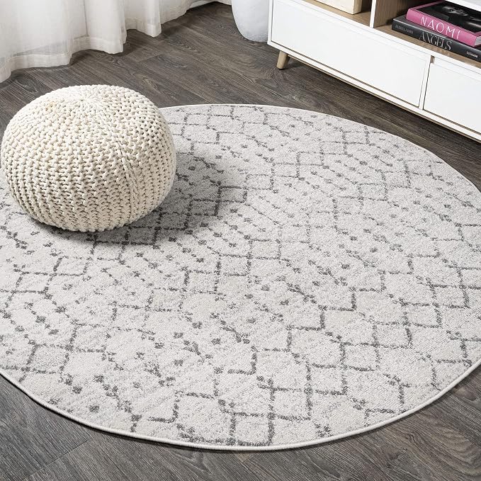 JONATHAN Y Boho Vintage Diamond Cream/Gray Round Area Rug 4 ft, Moroccan Hype for Living Room, Bedroom, Kitchen, Office, Easy-Cleaning, High Traffic, Pet-Friendly, Non-Shedding (MOH101B-4R)