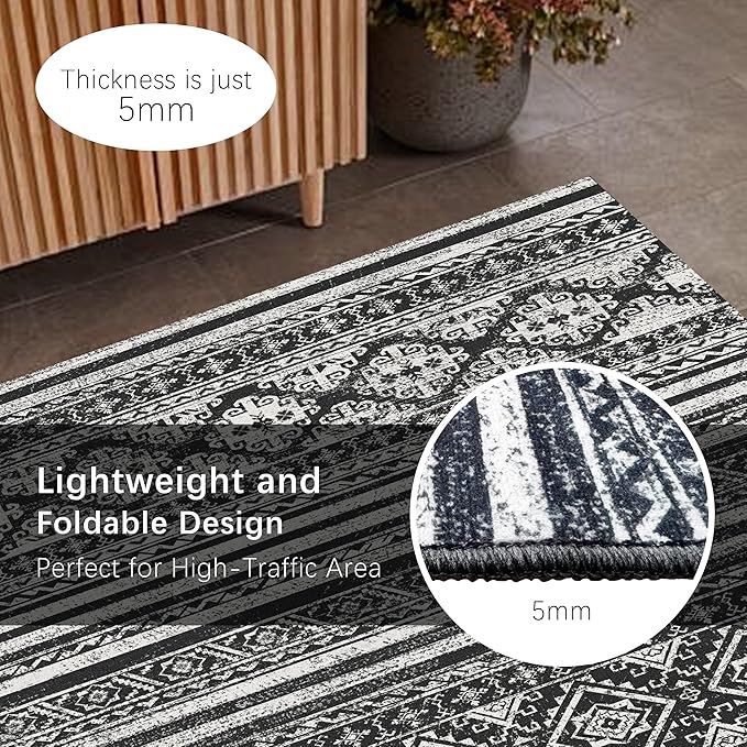 Washable Area Rugs 2'6'' x 8' - 1/6 Thick - Moroccan-Inspired -Stain & Water Resistant Non-Slip - Resistant Rug for Living Room, Bedroom, Nursery, Pet & Child Friendly (Black)