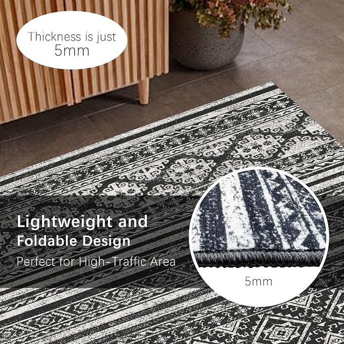 Washable Area Rugs 6' x 9' - 1/6 Thick - Moroccan-Inspired -Stain & Water Resistant Non-Slip - Resistant Rug for Living Room, Bedroom, Nursery, Pet & Child Friendly (Black)