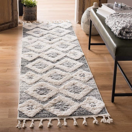 SAFAVIEH Moroccan Tassel Shag Collection Runner Rug - 2'3" x 10', Grey & Ivory, Boho Design, Non-Shedding & Easy Care, 2-inch Thick Ideal for High Traffic Areas in Living Room, Bedroom (MTS664G)