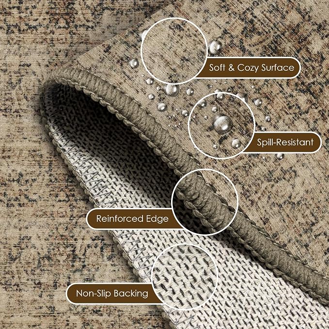 Washable Area Rug 3' x 5 ' Vintage Traditional Persian Mat - Foldable Distressed Non-Slip Machine Washable Carpet for Living Room Bedroom Kitchen Home Decor - Mocha and Taupe