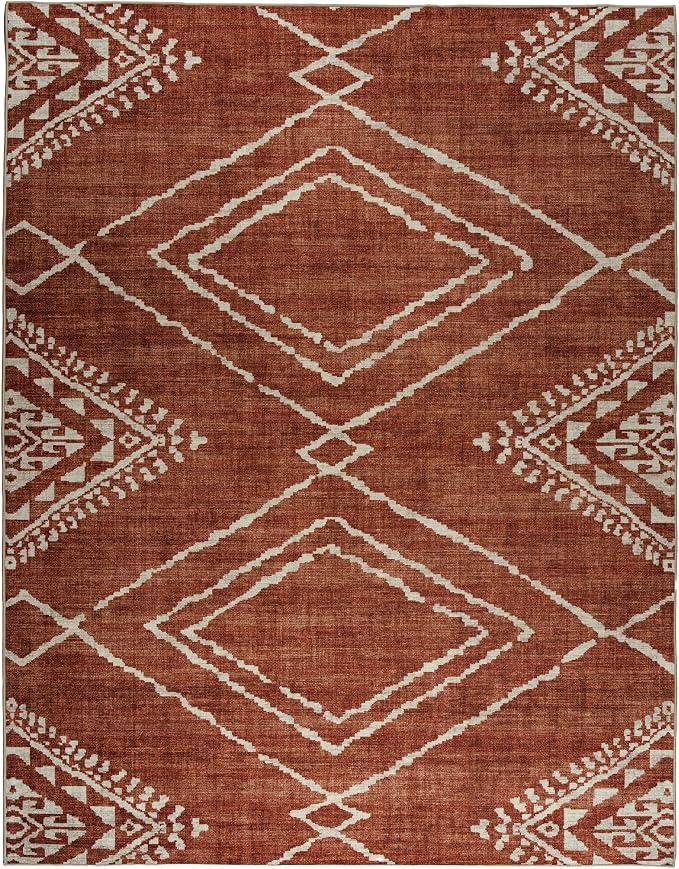 Machine Washable Area Rug - Living Room Bedroom Bathroom Kitchen Entryway Office - Padded Low Pile Stain Resistant Premium - Moroccan Diamond Tribal - Jax - Orange 6' x 8'