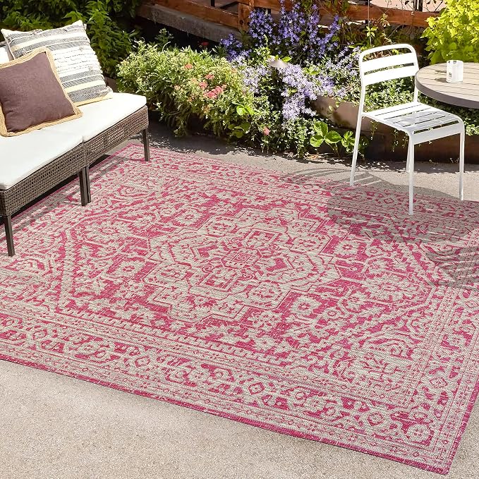 JONATHAN Y Medallion Weave Indoor Outdoor Area Rug 9X12 Fuchsia/Light Gray, Sinjuri Textured for Backyard, Patio, Porch, Easy-Cleaning, High Traffic, Pet-Friendly, Non-Shedding (SMB101G-9)