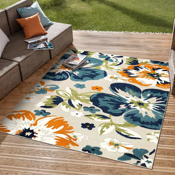 Rugshop Multi Bergamo Floral Indoor/Outdoor Square Area Rug Machine Washable for Patio, Dining Nook and Balcony, 6'6" x 6'6" Square