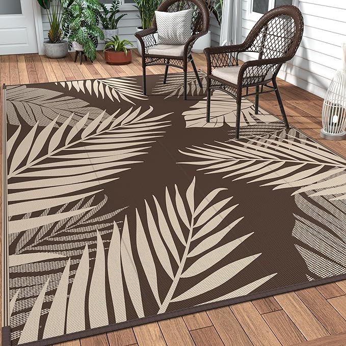 GENIMO Outdoor Rug 9' x 12' Waterproof for Patios Clearance, Reversible Outdoor Plastic Straw Camping Rug Carpet, Large Area Rugs Mats for RV, Camper, Deck, Balcony, Porch, Beach, Picnic, Coffee&Beige