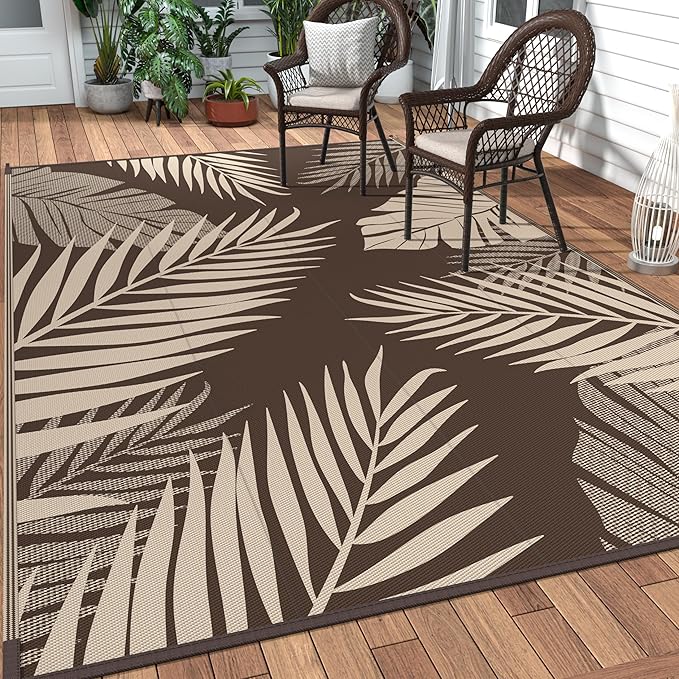 GENIMO Outdoor Rug 8' x 10' Waterproof for Patios Clearance, Reversible Outdoor Plastic Straw Camping Rug Carpet, Large Area Rugs Mats for RV, Camper, Deck, Balcony, Porch, Beach, Picnic, Coffee&Beige