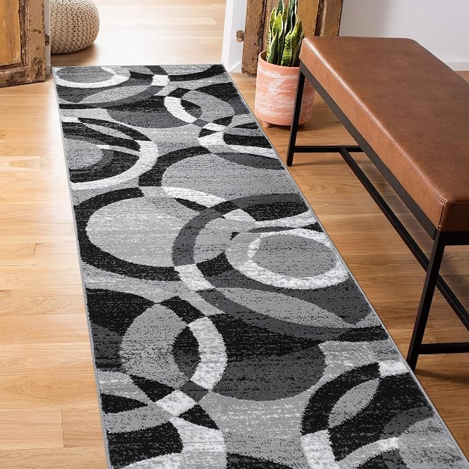 Rugshop Abstract Circles Modern Geometric Runner Rug Gray 2' x 10' | Non-Shedding, High Traffic, Runner, Size 2' x 10', Living Room, Bedroom, Dining Room, Home Office, Kitchen, Entryway, Hallway