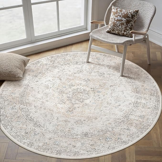 6R Washable Round Rug Beige Grey Non Slip Vintage Carpet | Low Pile, Stain Resistant, Living Room, Kitchen, Bedroom, Nursery, Office, Dining Room, Soft, Large, Lightweight