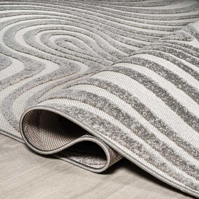 JONATHAN Y Maribo High-Low Abstract Striped Gray/Ivory 8' Round Indoor/Outdoor Area Rug, Pet Friendly, Non-Shedding, Stain Resistant, Easy-Cleaning for Backyard, Patio, Porch (SCN103B-8R)