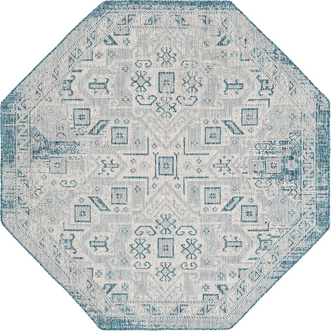 Unique Loom Outdoor Aztec Collection Area Rug - Coba (7' 10" Octagon, Teal/ Ivory)