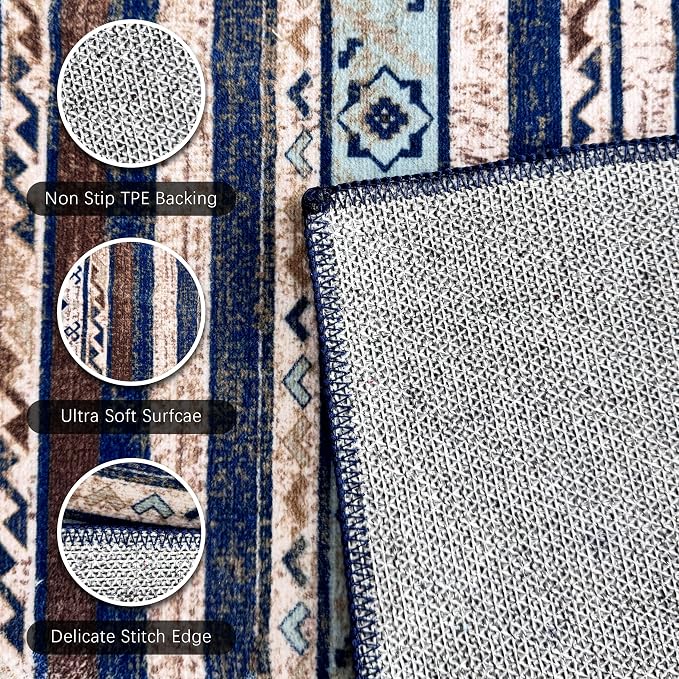 Washable Area Rugs 6' x 9' - 1/6 Thick - Moroccan-Inspired -Stain & Water Resistant Non-Slip - Resistant Rug for Living Room, Bedroom, Nursery, Pet & Child Friendly (Blue and Brown)