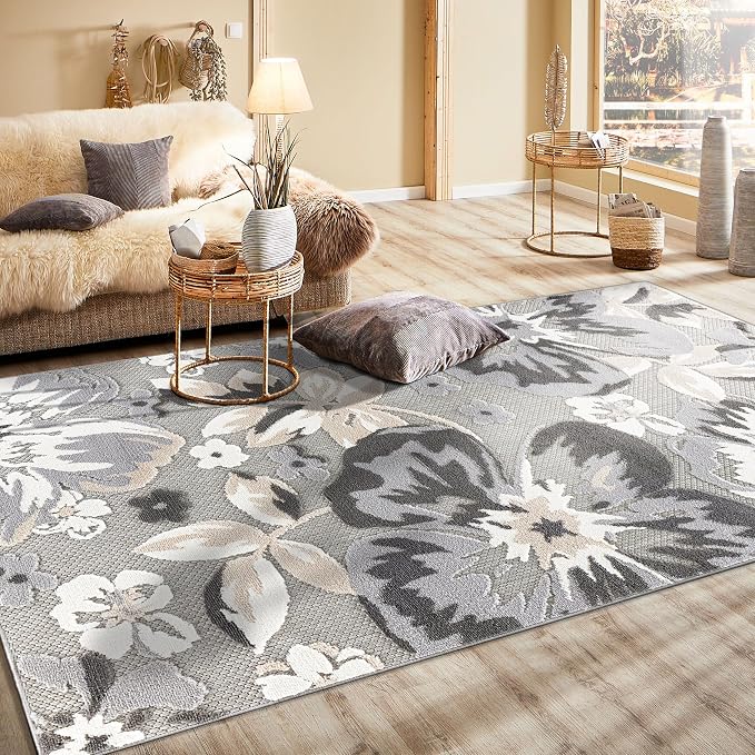 Rugshop Bergamo Contemporary Floral Non-Shedding Easy Cleaning Patio Deck Backyard Indoor/Outdoor Area Rug 6' 6" X 9' Gray