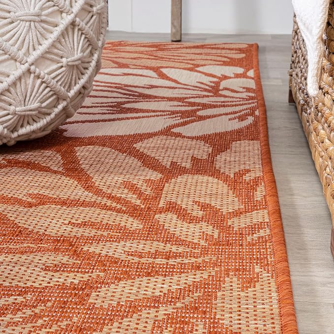 JONATHAN Y Floral Textured Weave Indoor Outdoor Round Area Rug 5 Ft Orange/Cream, Zinnia Modern for Backyard, Patio, Porch, Easy-Cleaning, High Traffic, Pet-Friendly, Non-Shedding (SMB110E-5R)