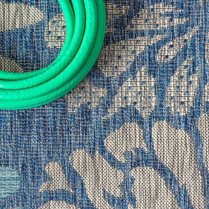 JONATHAN Y Floral Textured Weave Indoor Outdoor Square Area Rug 9X9 Navy/Aqua, Zinnia Modern for Backyard, Patio, Porch, Easy-Cleaning, High Traffic, Pet-Friendly, Non-Shedding (SMB110C-9SQ)