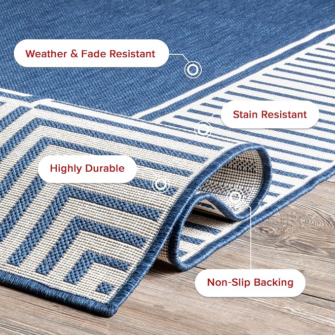 Nuloom Asha Navy/Ivory, 8' x 10', Casual, Striped Border, Soft and Cozy, High Traffic, Easy Clean, Durable Area Rug for Indoor/Outdoor Patio, Deck, Porch, Garden, Courtyard