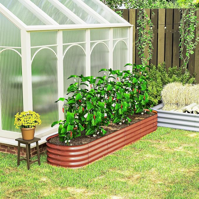 Outsunny 8' x 2' x 1' Galvanized Raised Garden Bed Kit, Outdoor Metal Elevated Planter Box with Safety Edging, Easy DIY Stock Tank for Growing Flowers, Herbs & Vegetables, Dark Brown