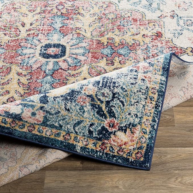 Livabliss Area Rugs - 7x7 Odelia Vintage Boho Aqua Burgandy Blue Square Area Rug for Living Room Bedroom - Floral Medallion Stain Resistant Carpet for Kitchen, Nursery, Office (6'7" Square)