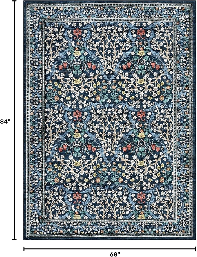 GarveeHome Blue Floral 5x7 Washable Area Rug for Living Room Bedroom | Vintage Stain Resistant Rugs for Large Room Low-Pile Non-Slip Carpet Soft Stain Resistant Botanical Boho Rug TPE Backing