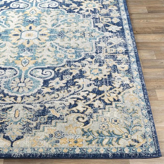 Livabliss Area Rugs - 7x9 Odelia Vintage Boho Blue Aqua Slate Area Rug for Living Room Bedroom - Floral Medallion Stain Resistant Carpet for Kitchen, Nursery, Office (6'7" x 9')