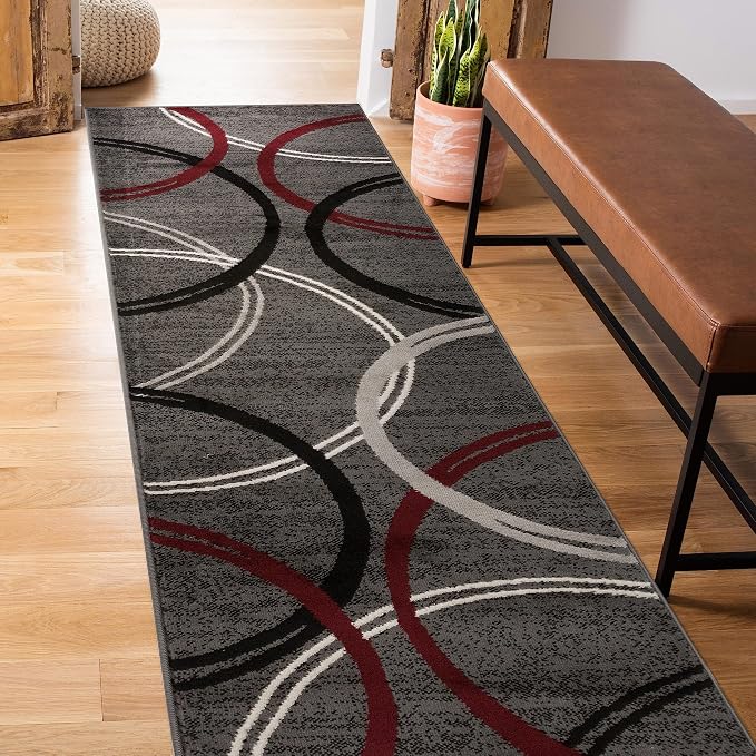 Rugshop Wavy Circles Modern Non-Shedding Runner Rug Red 2' x 10' | Runner, Size 2' x 10', Living Room, Bedroom, Dining Room, Home Office, Kitchen, Entryway, Hallway, Nursery, Kids Room
