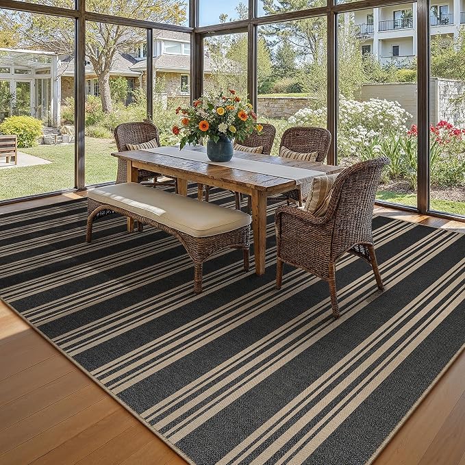 PureCozy Striped Easy Jute Rug 5x8 Black Living Room Carpet Washable Non Slip Bedroom Office Rug Farmhouse Neutral Non Shedding Indoor Outdoor Large Carpet for Kitchen Dining Room
