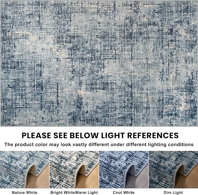 10x14 Washable Area Rug for Living Room Bedroom: Non-Slip Modern Blue Gold | Machine Washable TPR Backing, Stain-Resistant Low Pile, Pet & Kid Friendly, Abstract Decor for Dining Room, Dorm, Home Office