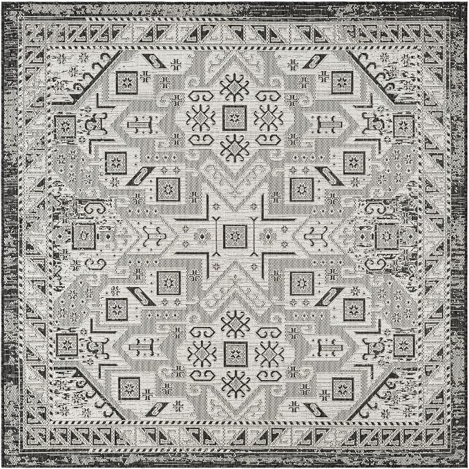 Unique Loom Outdoor Aztec Collection Area Rug - Coba (6' 1" Square Charcoal Gray/Ivory)
