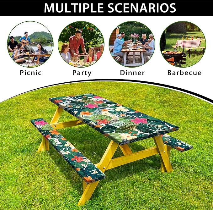 Picnic Table Cover with Bench Covers Camping Essentials Tropical Palm Leaves Outdoor Table Covers with Elastic Waterproof Fitted Tablecloth for RV Picnic Travel