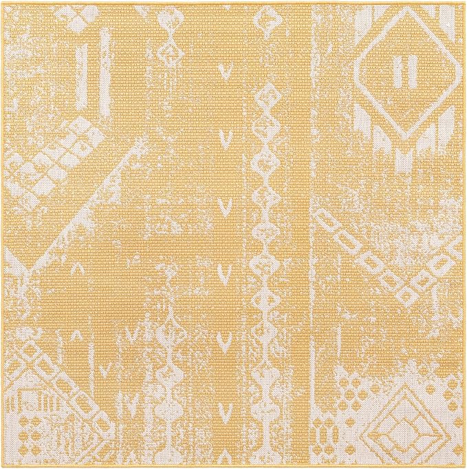 Unique Loom Outdoor Bohemian Collection Area Rug - Anthro (5' 3" Square, Yellow/ Ivory)