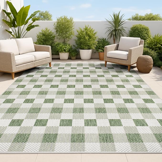JONATHAN Y Geometric Bold Gingham Indoor Outdoor Area Rug 4X6 Green/Cream, Darcy Traditional for Backyard, Patio, Porch, Easy-Cleaning, High Traffic, Pet-Friendly, Non-Shedding (TSN201E-4)