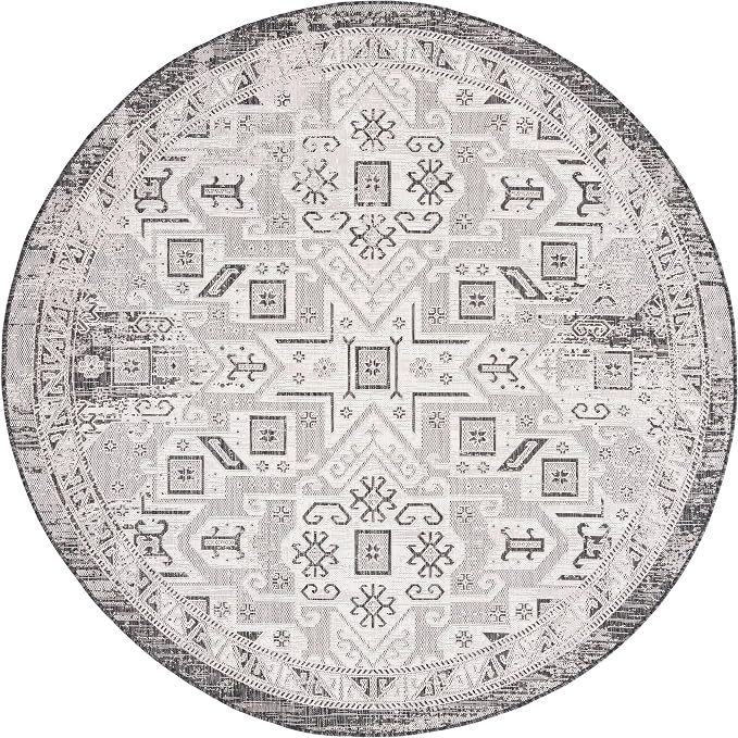 Unique Loom Outdoor Aztec Collection Area Rug - Coba (7' 10" Round, Charcoal Gray/ Ivory)