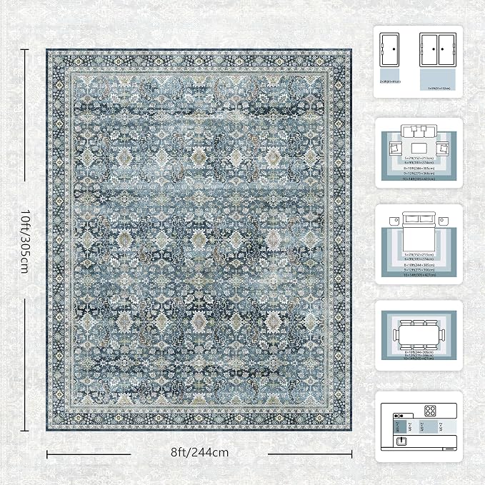 8x10 Area Rugs for Living Room - Washable Vintage Retro Large Rug, Soft Ultra Thin Non Slip Low Pile Traditional Distressed Boho Carpet for Bedroom Dining Room Home Office, Blue