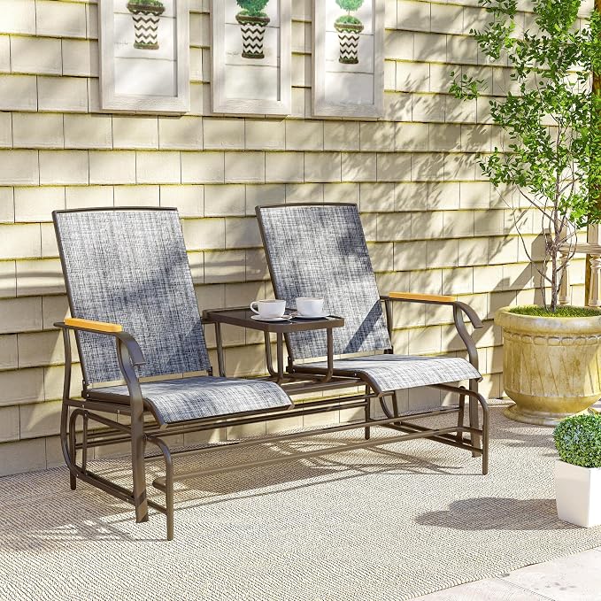 Outsunny 2 Person Outdoor Glider Bench, Patio Swing Glider Chair Loveseat with Breathable Mesh, Table, Steel Frame for Garden, Backyard, Porch, Gray