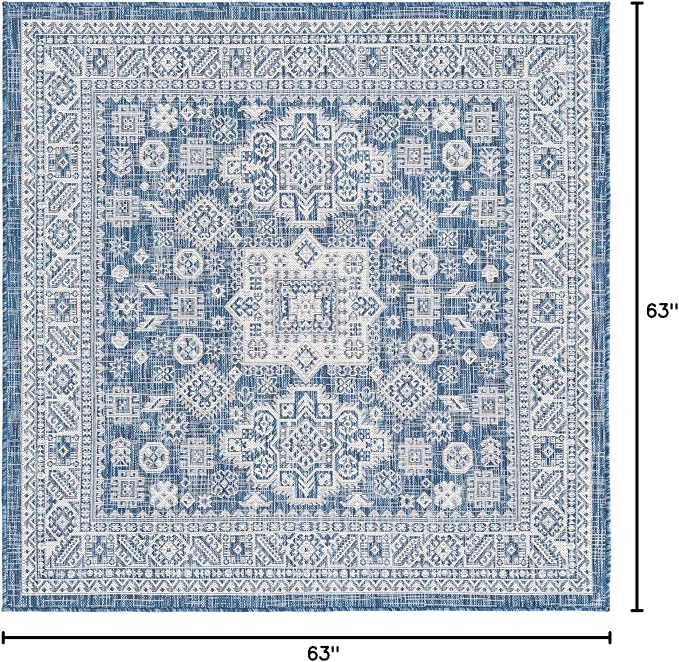 Unique Loom Outdoor Aztec Collection Area Rug - Chalca (5' 3" Square, Blue/ Ivory)