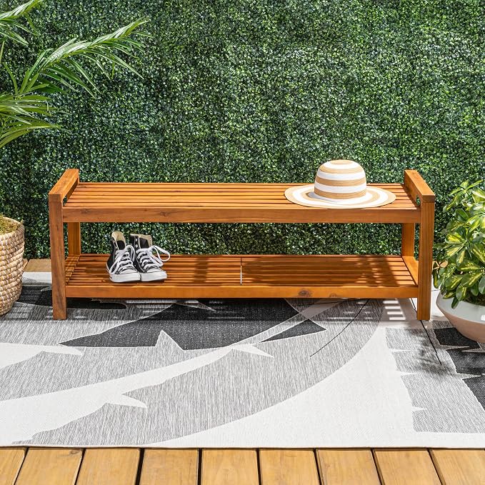 JONATHAN Y Blane 51" Solid Acacia Wood Backless Outdoor Bench with Shoe Storage Shelf, Minimalist Slatted Entryway and Patio Seating, Heavy-Duty 600 lbs Capacity, Teak Finish BNH102A