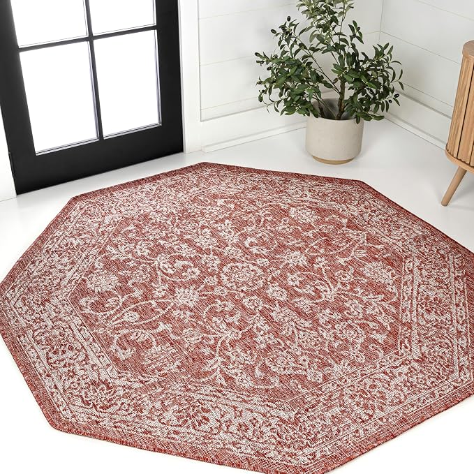 JONATHAN Y Weave Floral Indoor Outdoor Octagon Area Rug 5 Ft Red/Taupe, Tela Bohemian Textured for Backyard, Patio, Porch, Easy-Cleaning, High Traffic, Pet-Friendly, Non-Shedding (SMB100A-5TGN)