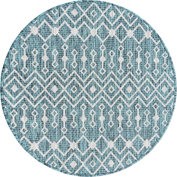 Unique Loom Outdoor Trellis Collection Area Rug - Tribal Trellis (3' 3" Round, Teal/ Ivory)