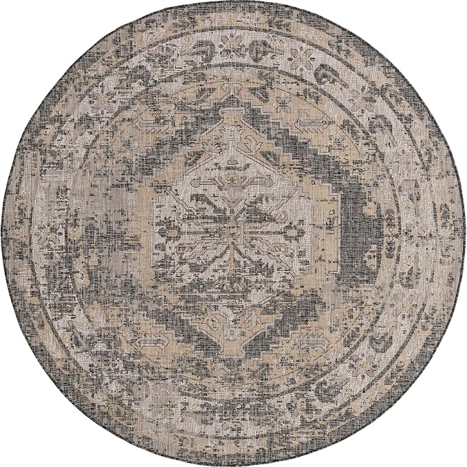 Unique Loom Outdoor Traditional Collection Area Rug - Valeria (7' 10" Round, Charcoal/ Natural)