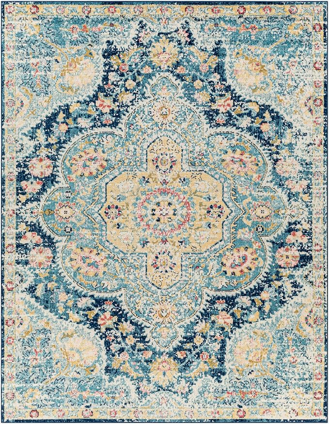 Livabliss Area Rugs - 8x10 Romaine Vintage Boho Navy Sky Blue Rose Area Rug for Living Room Bedroom - Floral Medallion Stain Resistant Carpet for Kitchen, Nursery, Office (7'10" x 10'3")