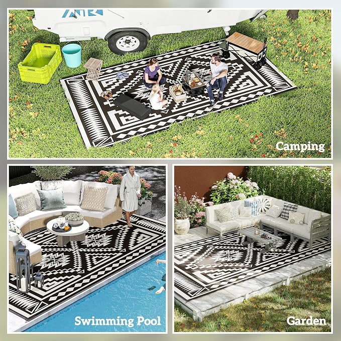 Outsunny Outdoor Rug for Patio, 9' x 18' Waterproof Large Mat, Reversible Plastic Straw Rug for Decor, Portable Outside RV Camping Area Carpet Mat for Backyard Porch Deck Picnic, Black & Gray Square
