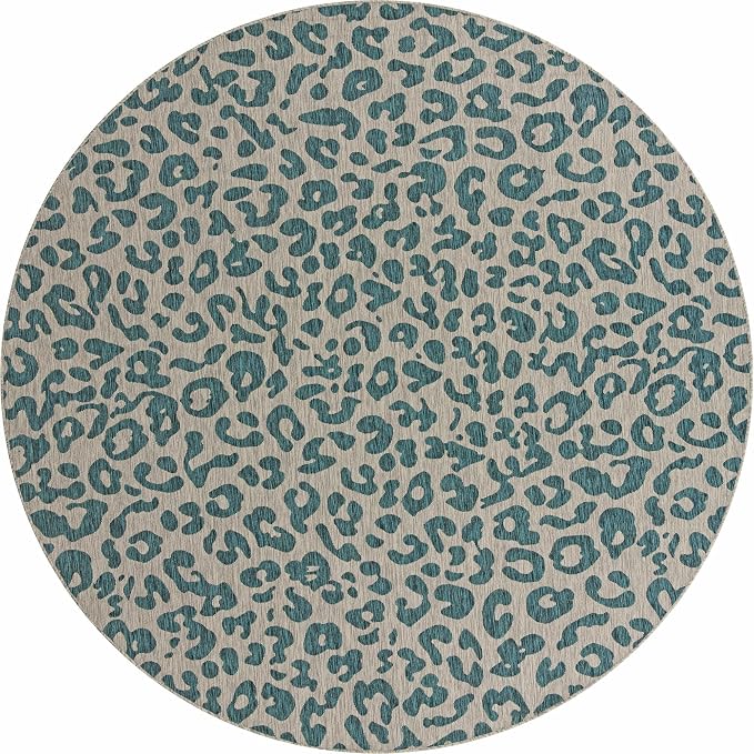 Unique Loom Outdoor Safari Collection Area Rug - Leopard (10' 8" Round, Teal/ Ivory)