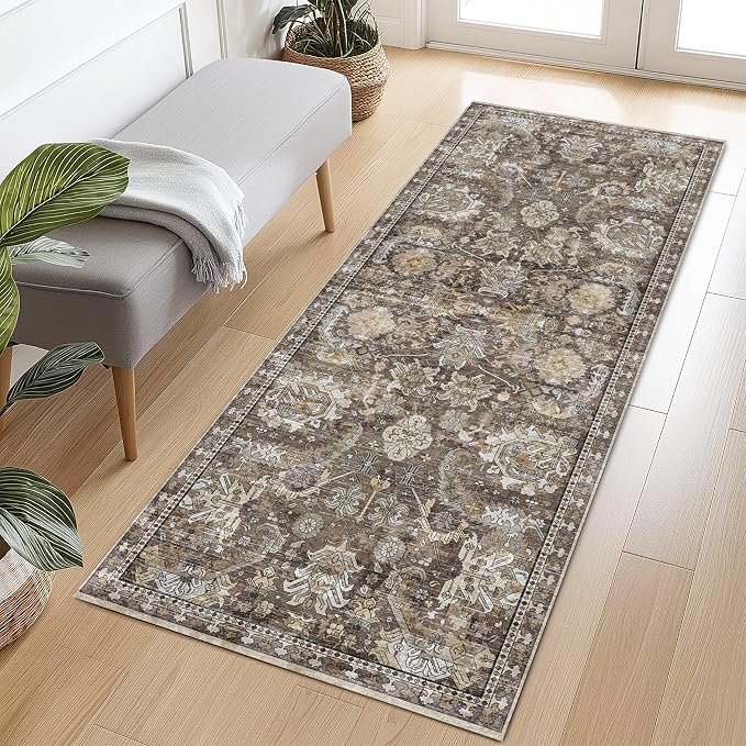 Washable Area Rugs - Perfect for Living Room, Bedroom, Kids Room, Nursery - Stain & Water Resistant Non-Slip, Pet & Child Friendly, Vintage Tribal Area Rugs (Ivory, 2'6'' x 8')