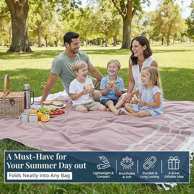 LANE LINEN Picnic Mat for Beach Vacation Essentials - Large Outdoor Blanket,Quick Dry and Pre-Washed, Soft Comfort, Perfect for Family Vacations, Park Relaxation, Sand Lounge – Wistful Mauve