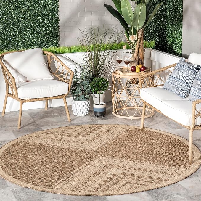 Nuloom Outdoor Performance Collection Landry Brown/Ivory, 6'7" Round, Soft, High Traffic, Stain Resistant, Easy Clean, Durable Area Rug for Indoor/Outdoor Patio, Deck, Porch, Garden, Courtyard