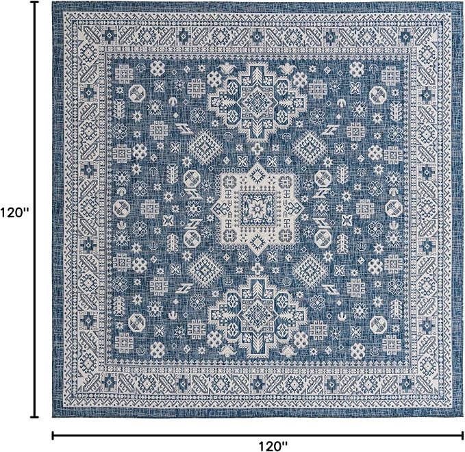 Unique Loom Outdoor Aztec Collection Area Rug - Chalca (10' Square, Blue/ Ivory)