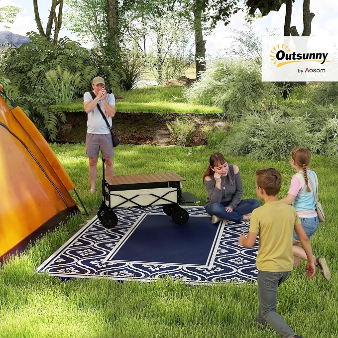 Outsunny Outdoor Rug for Patio, 8' x 10' Waterproof Large Mat, Reversible Plastic Straw Rug for Decor, Portable Outside RV Camping Area Carpet Mat for Backyard Porch Deck Picnic, Blue & White Gourd