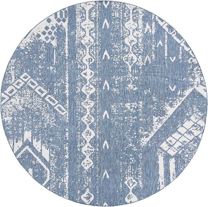 Unique Loom Outdoor Bohemian Collection Area Rug - Anthro (13' Round, Blue/ Ivory)